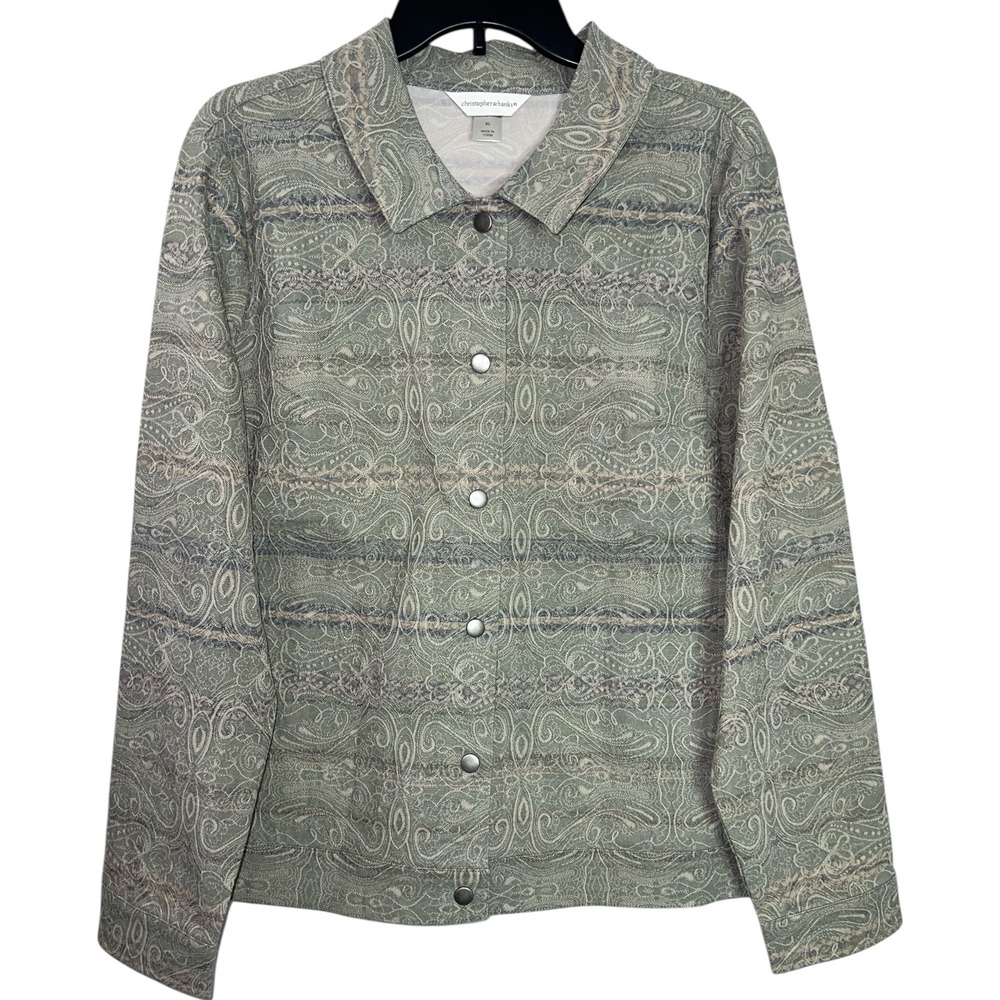 Christopher & Banks Sage Green Blue Paisley Jacquard Button‎ Jacket Womens XL